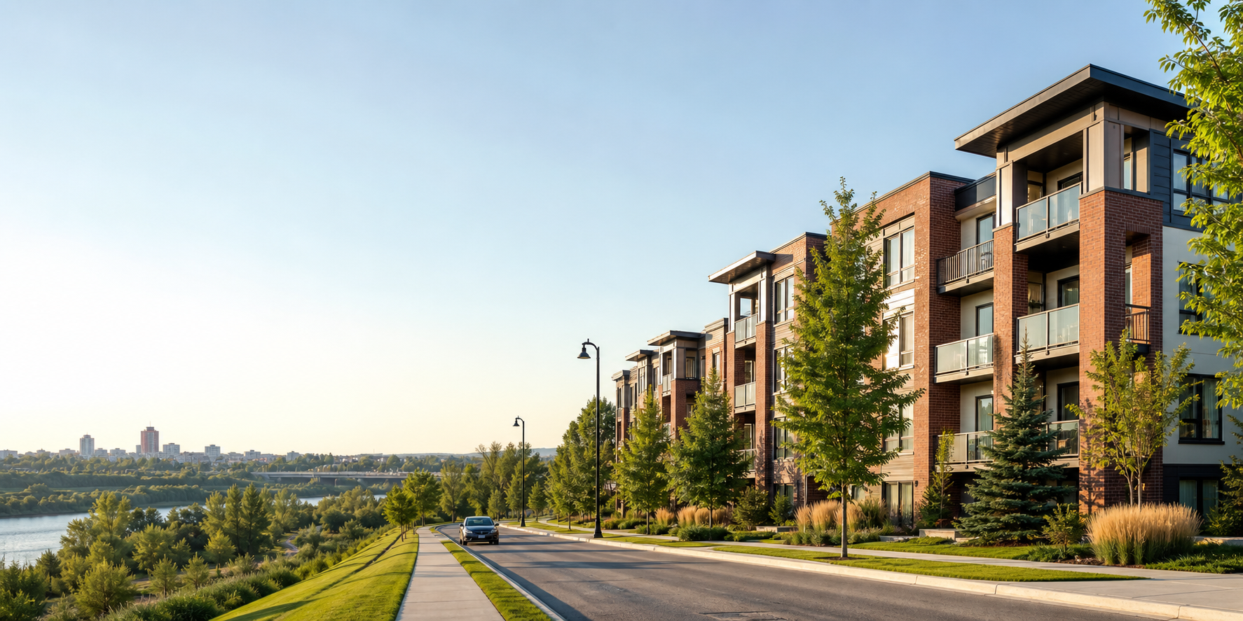 Modern Red Deer condo-style homes and mature streetscape